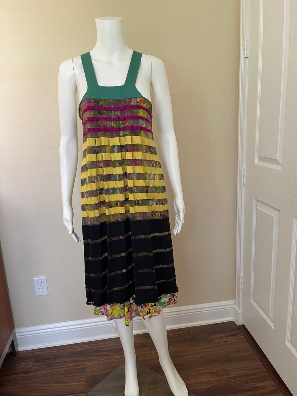 ETRO Green-Trim Multicolor Striped Midi Dress